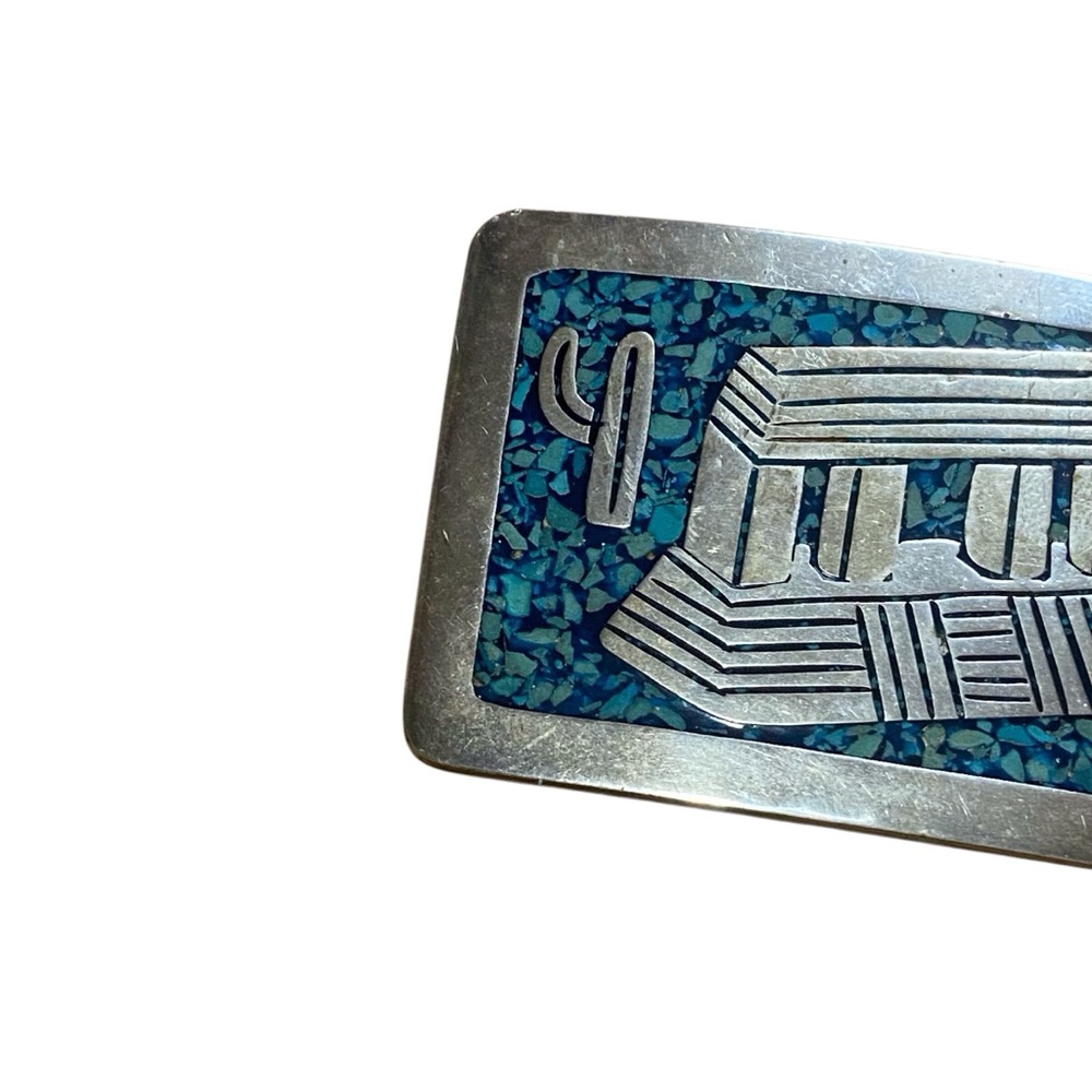 Vintage Mexican Sterling Silver Turquoise Inlay Belt Buckle - Picture 7 of 12